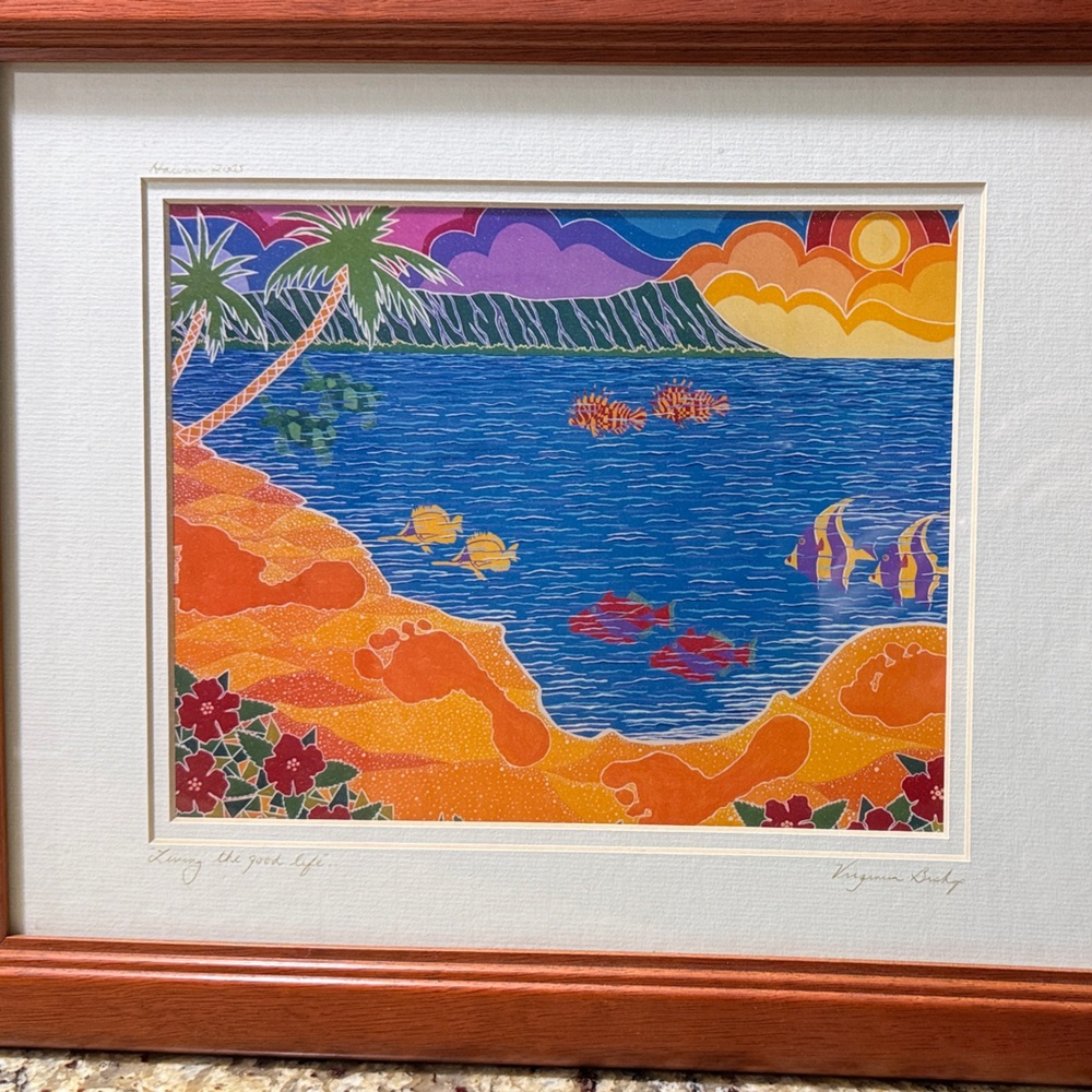 Virginia Bishop Signed Vibrant Framed Art “Living the good life” Hawaii